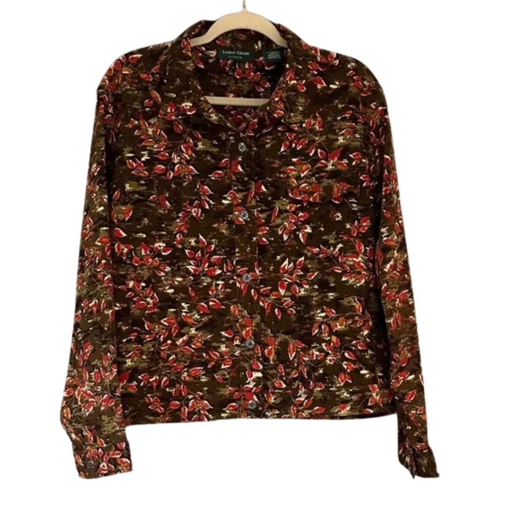 2/$20 Lemon Grass Studio Floral Button-Down Shirt Brown Red Green Botanical